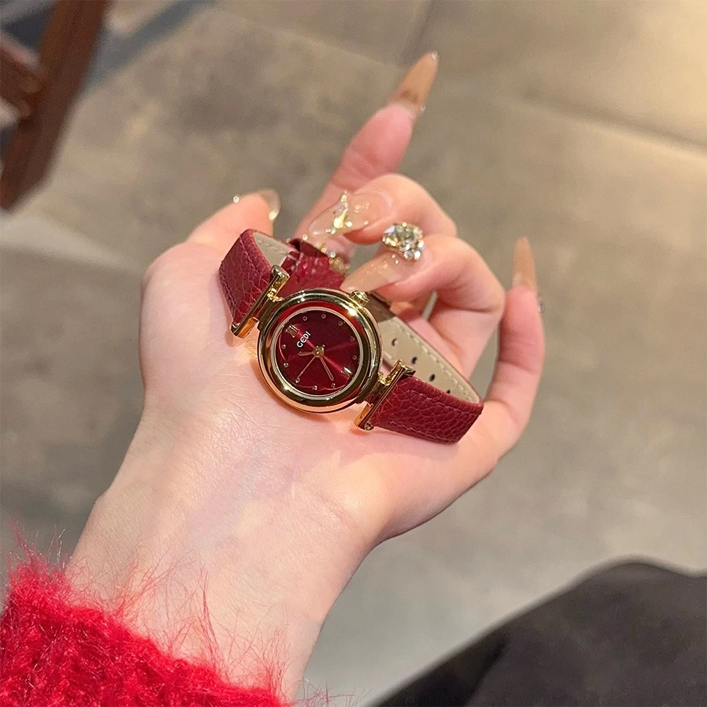 Fashion temperament minimalist luxury small disc red leather belt with quartz women's watch