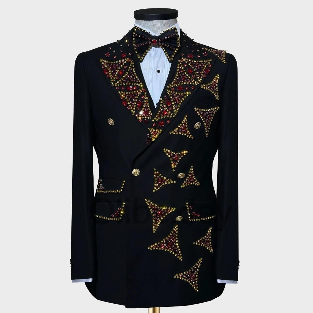 Olibexley Shiny Gold Rhinestones Diamond Men Suits 2 Pieces Sets Peaked Lapel Groom Tuxedos Male Prom Blazer Customized S337