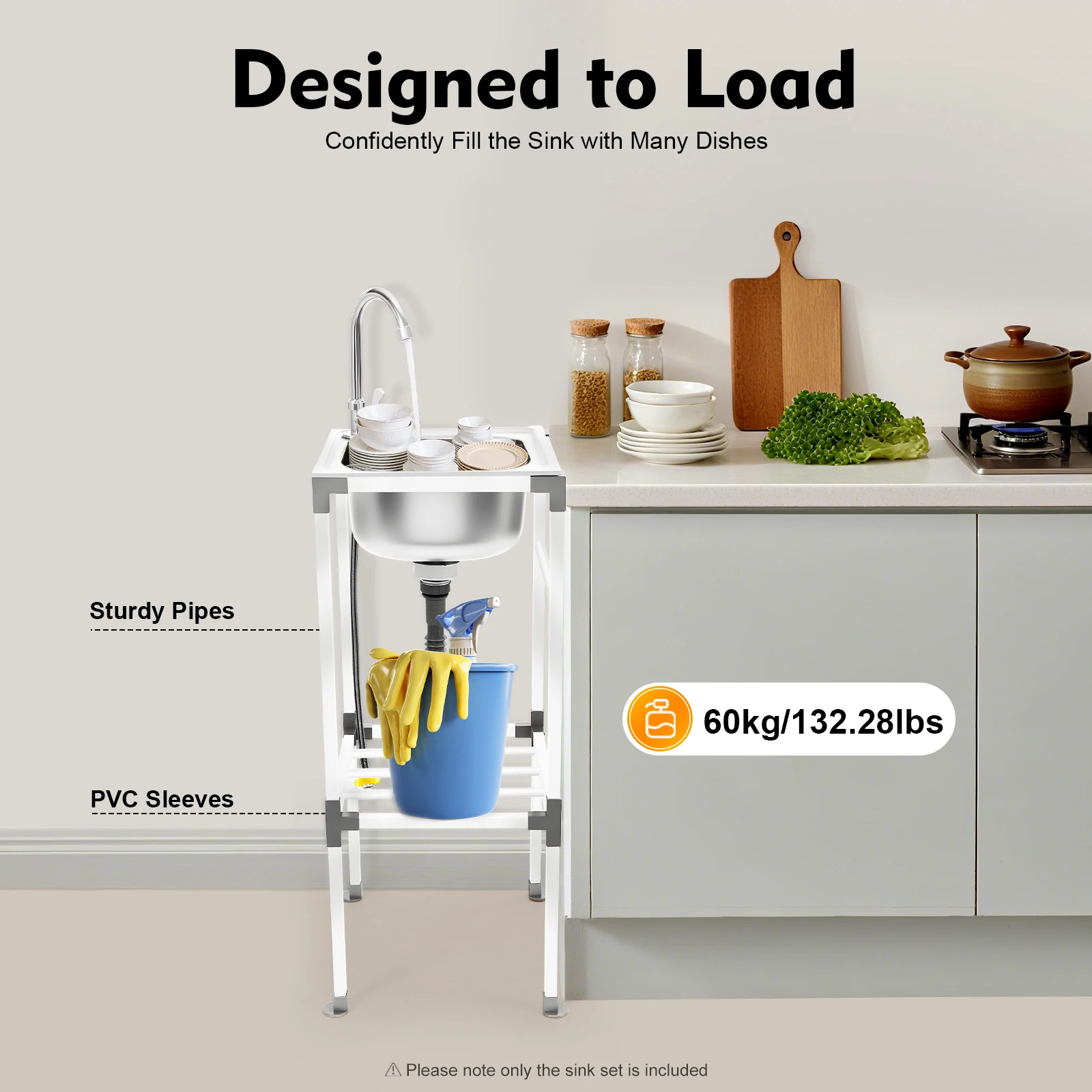 حوض مطبخ قائم بذاته من الفولاذ المقاوم للصدأ 60 سم حوض متعدد الاستخدامات مع صنبور لبار مطعم الغسيل المرآب، سعة كبيرة