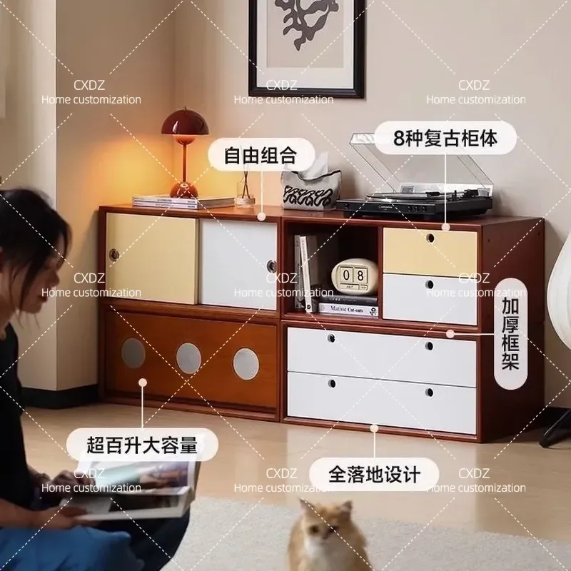 Solid Wood Side Cabinet Antique Boxwood Living Room Movable Multi Functional Module Combination Storage Locker Furniture