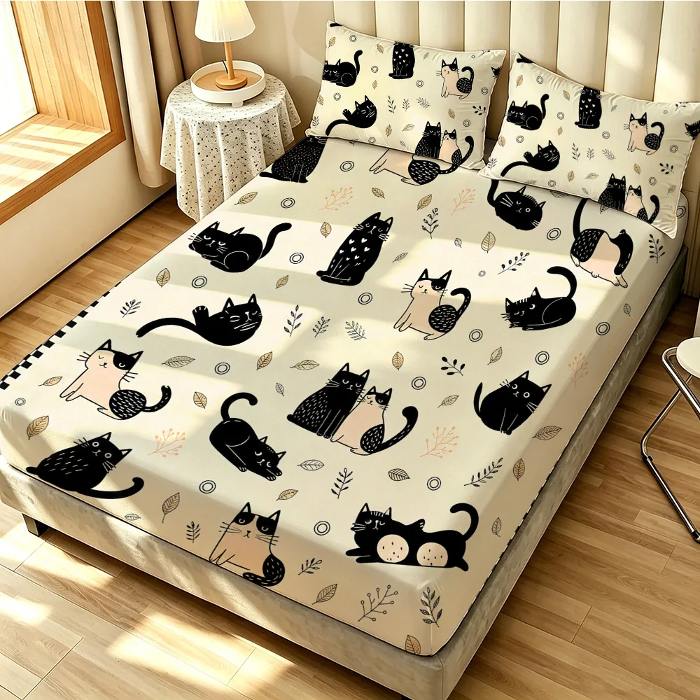 Cute Black Cat Fitted Sheet 3PCS Set Cartoon Cat Pattern Bedding Set 1 Fitted Sheet + 2 Pillowcases for Kids Bedroom view 2