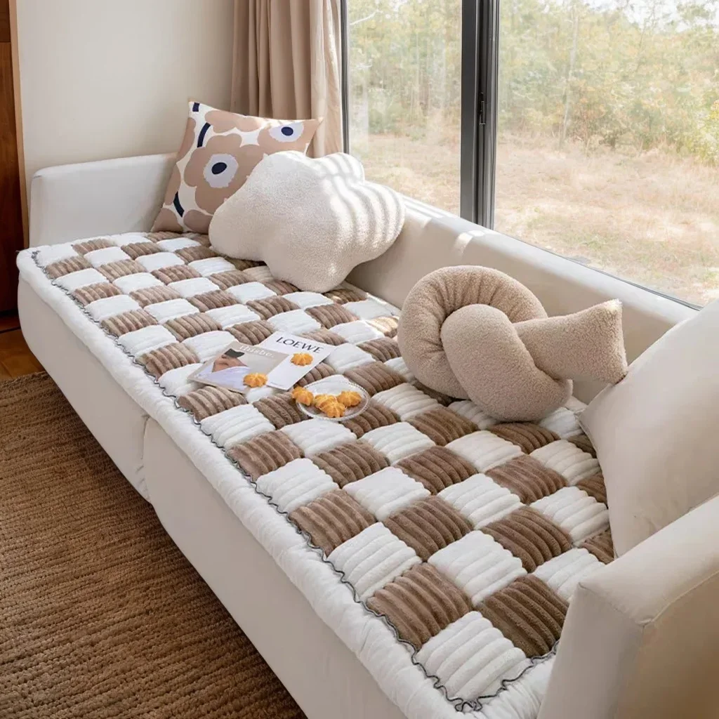 Checkerboard Grid Sofa Cushion Winter Plush Non Slip Seat Pad for Straight Leather Sofa Modern Check Pad for Home Living Room