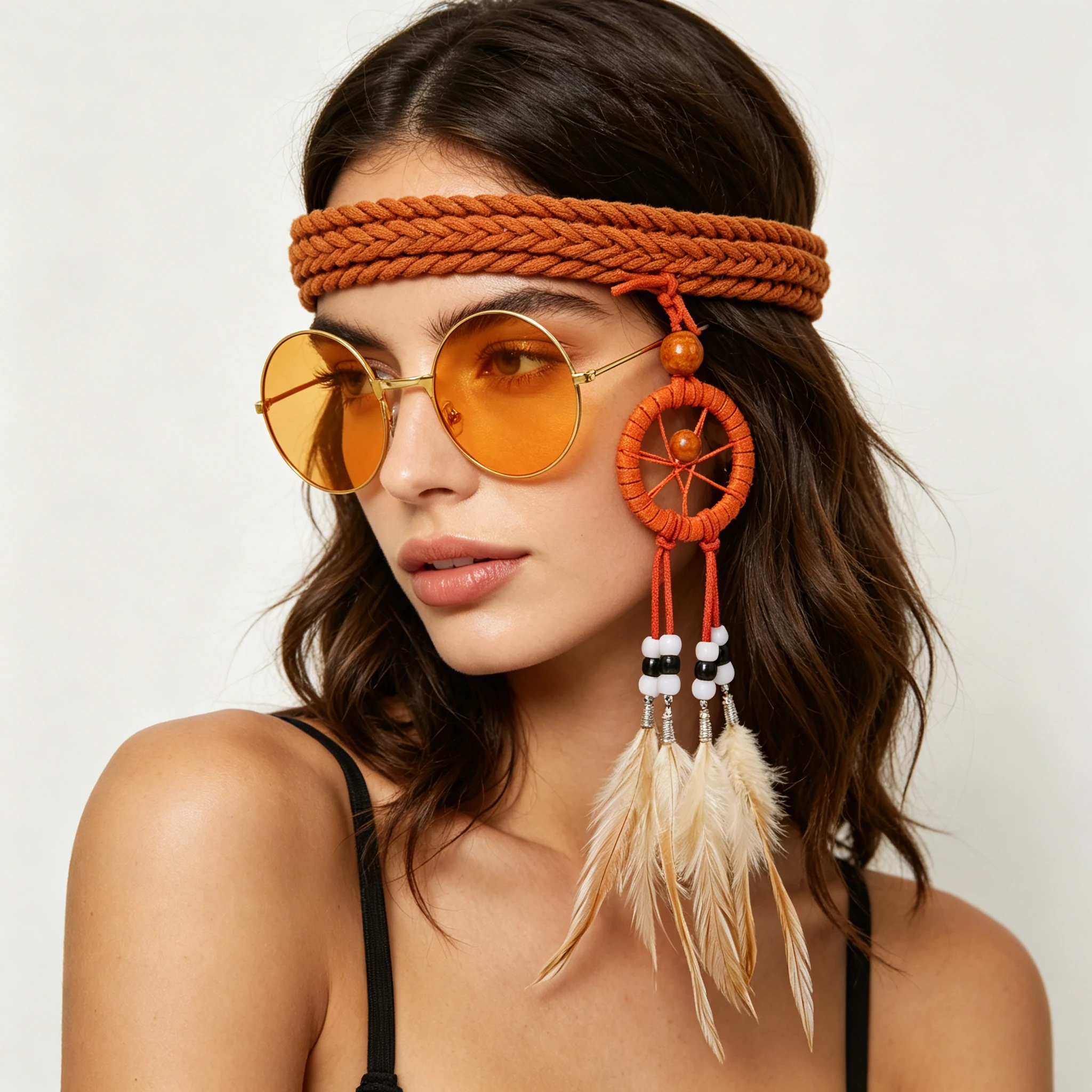 Bohemian Dreamcatcher Feather Headband Orange Round Sunglasses Set Native American Indian Costume Accessories for Women