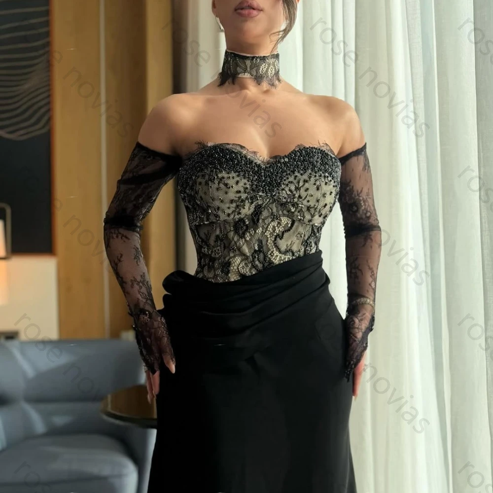 Индивидуальный пошив: Новинка 2026 года – Черное вечернее платье макси с кружевным чокером, прозрачными длинными рукавами, расшитое бисером, из атласа, облегающее, для женщин, для вечеринок
