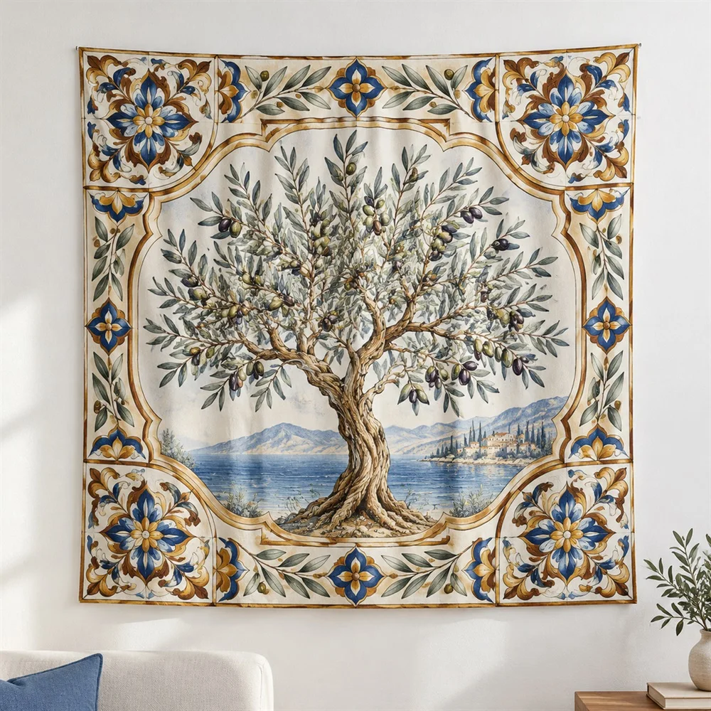 VIKAMA Olive Tree Grove Corner Motif Tapestry Wall Hanging, Mediterranean Wall Decor Tapestries for Bedroom Nursery Kids Room