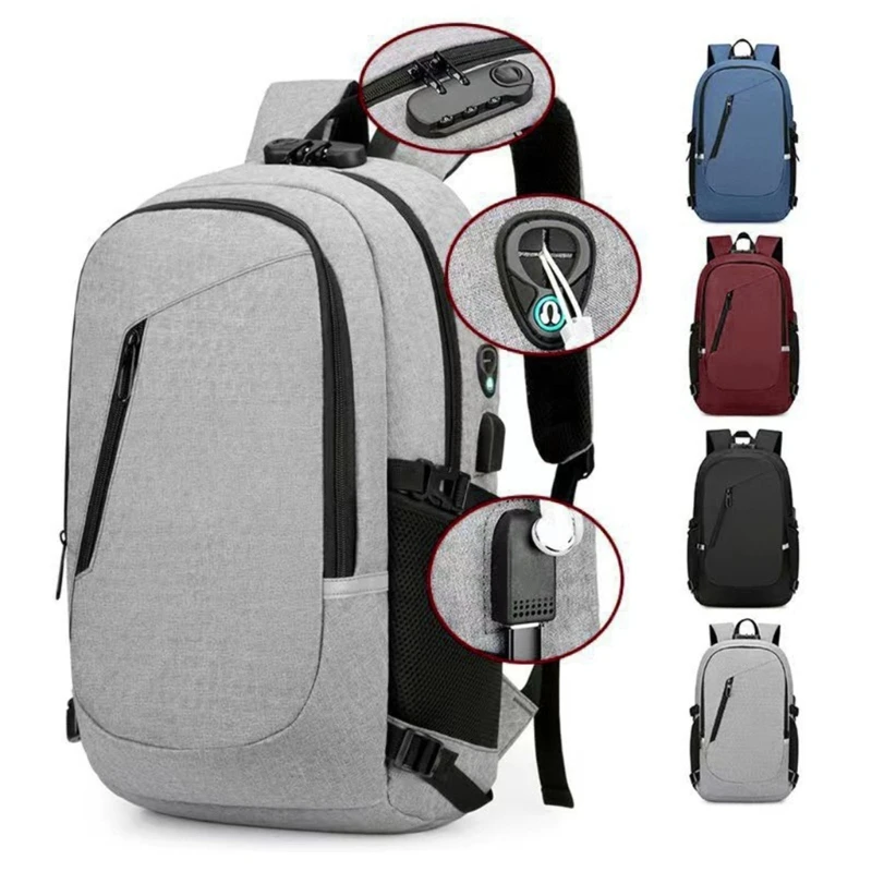 E74B Mens Password Lock Backpack Student Schoolbag USB Charging Laptop Backpack Male Anti-Theft Business Travel Backpack