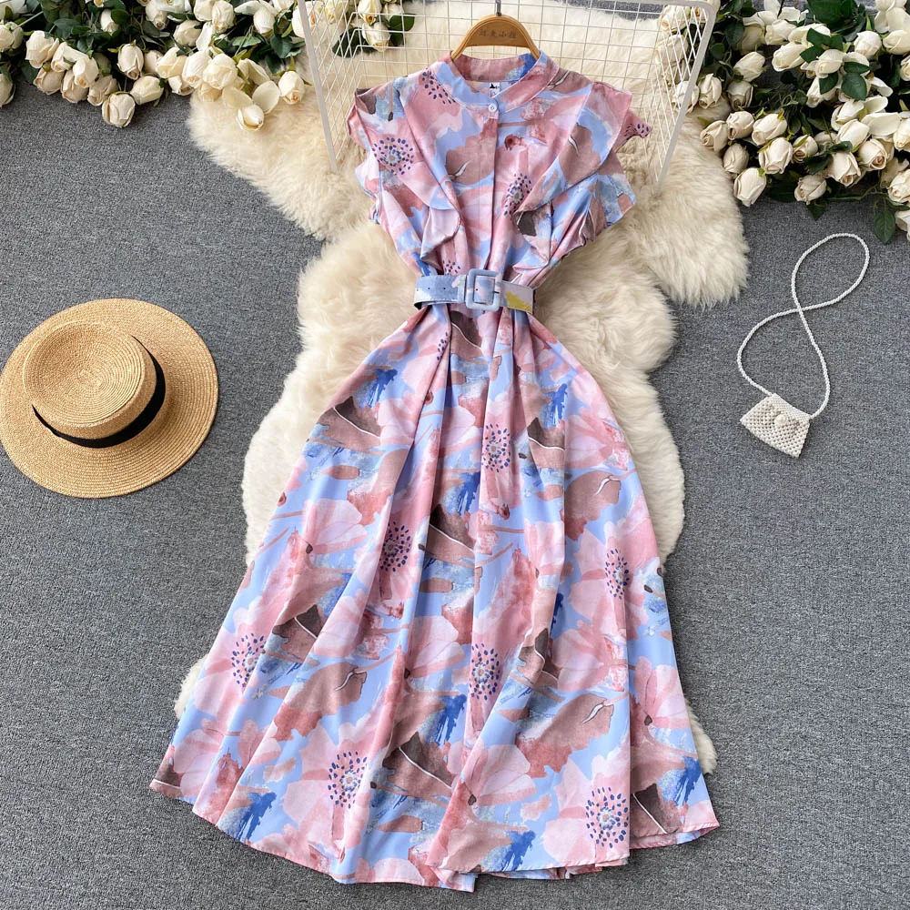 French Vintage Elegant Ruffle Print Dress  A-line Fashion Chiffon Spring Autumn Sleeveless Vestidos Women Belt Dresses