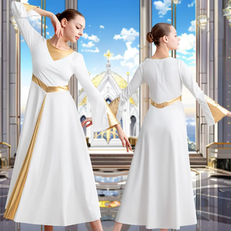 Robe de danse moderne à manches longues pour femmes, coupe ample, pleine longueur, pour la culte des adultes, Costume métallique liturgique, robe de danse