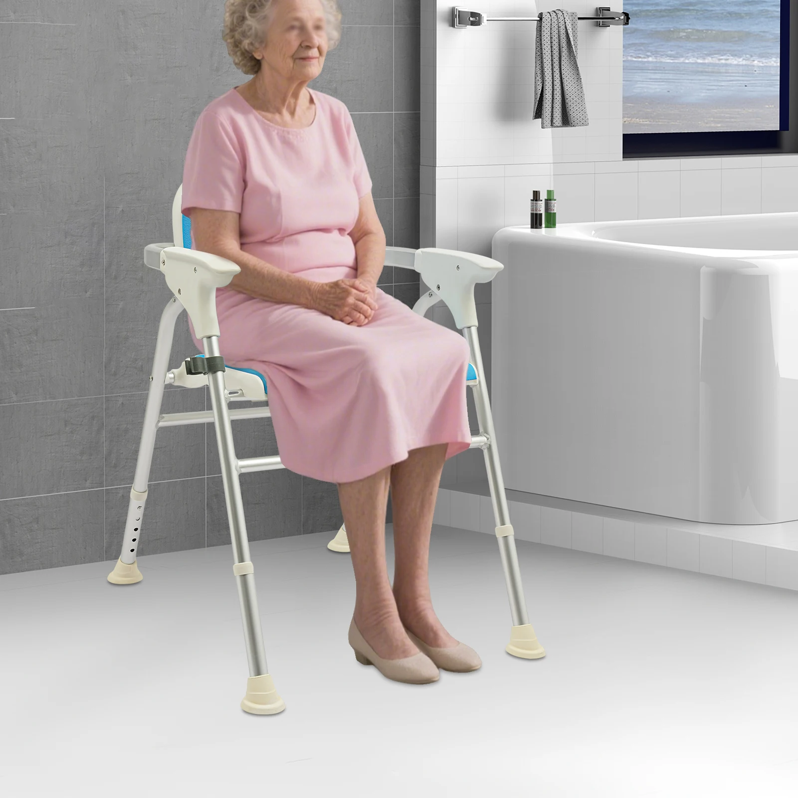 Shower Chair Adjustable Foldable Bath Seat for Elderly Disabled Adults, Heavy Duty Shower Stool with Backrest Armrests, 330LBS Capacity image 5