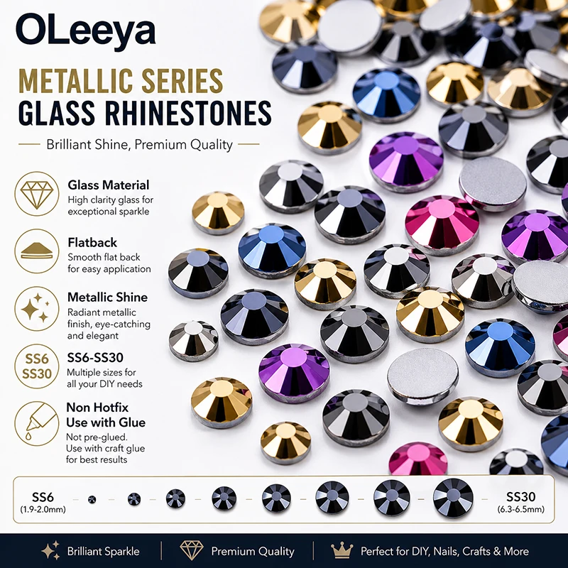 OLeeya Metallic Glass Rhinestones Flatback Crystal Strass Stones SS4-SS30 for Nail Art Clothing DIY Crafts Decoration