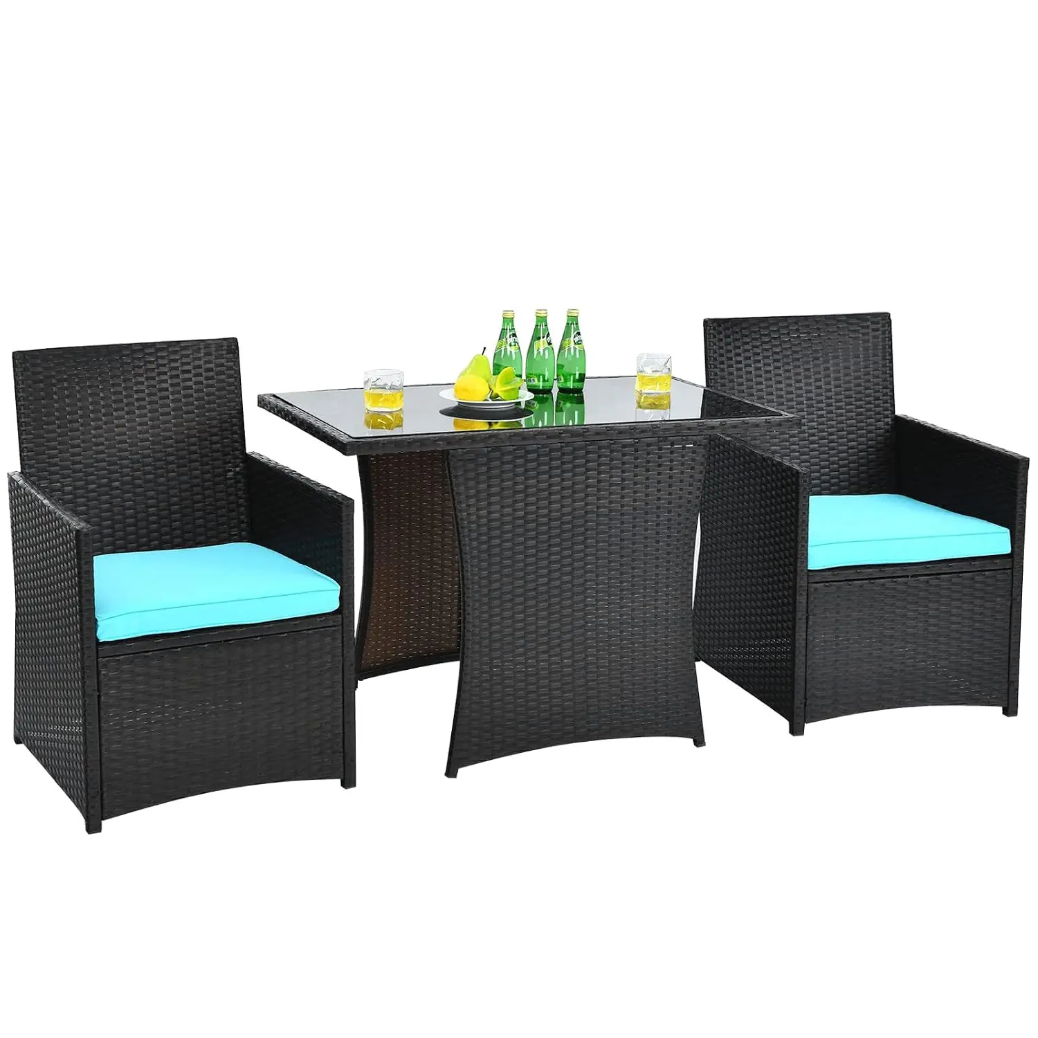 Wicker Patio Bistro Set 3 Piece, Outdoor Table and Chairs with Tempered Glass Tabletop, Cushions, Small Rattan, Customized