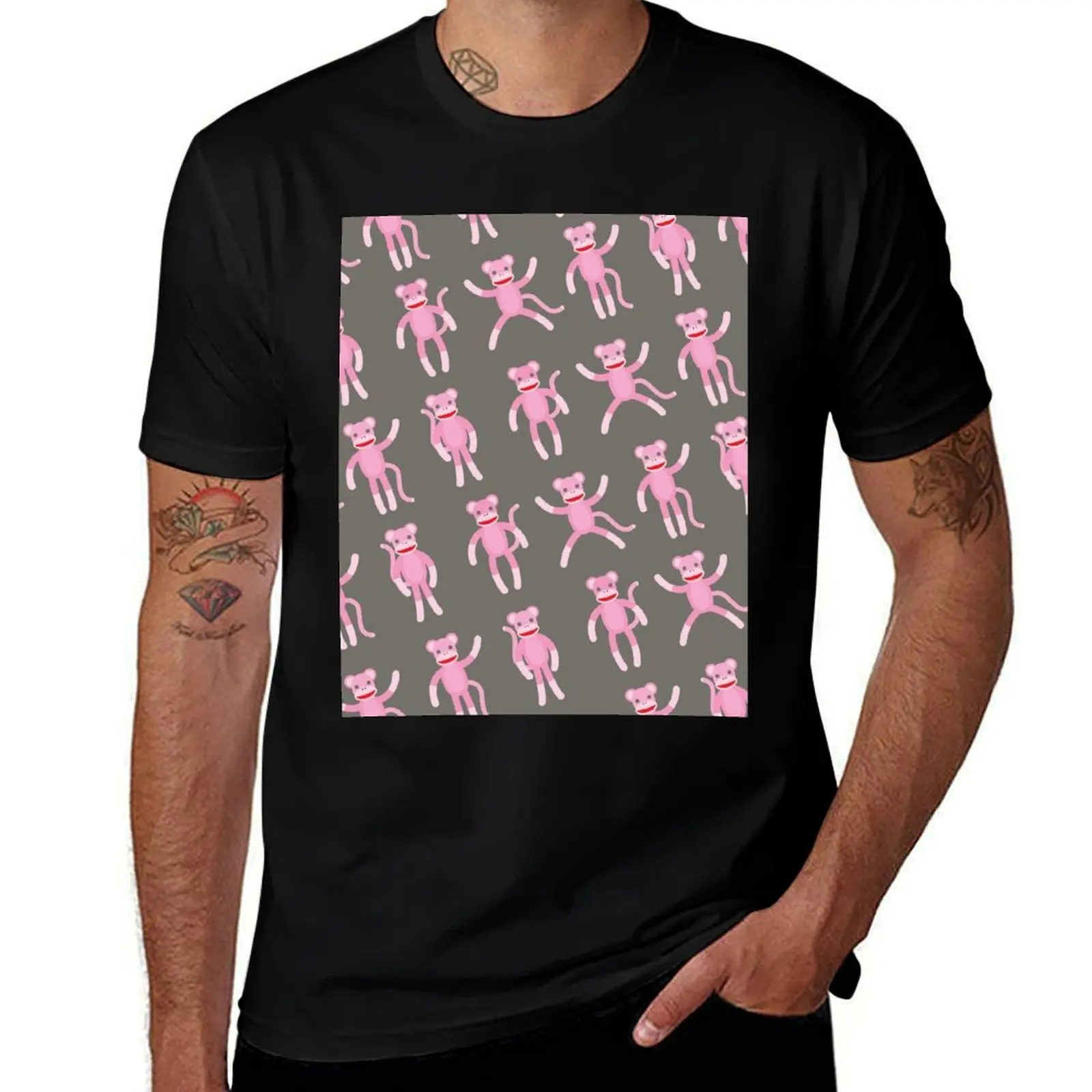 Posing Pink Sock Monkeys T-Shirt Comfortable Basic Crew Neck Tee