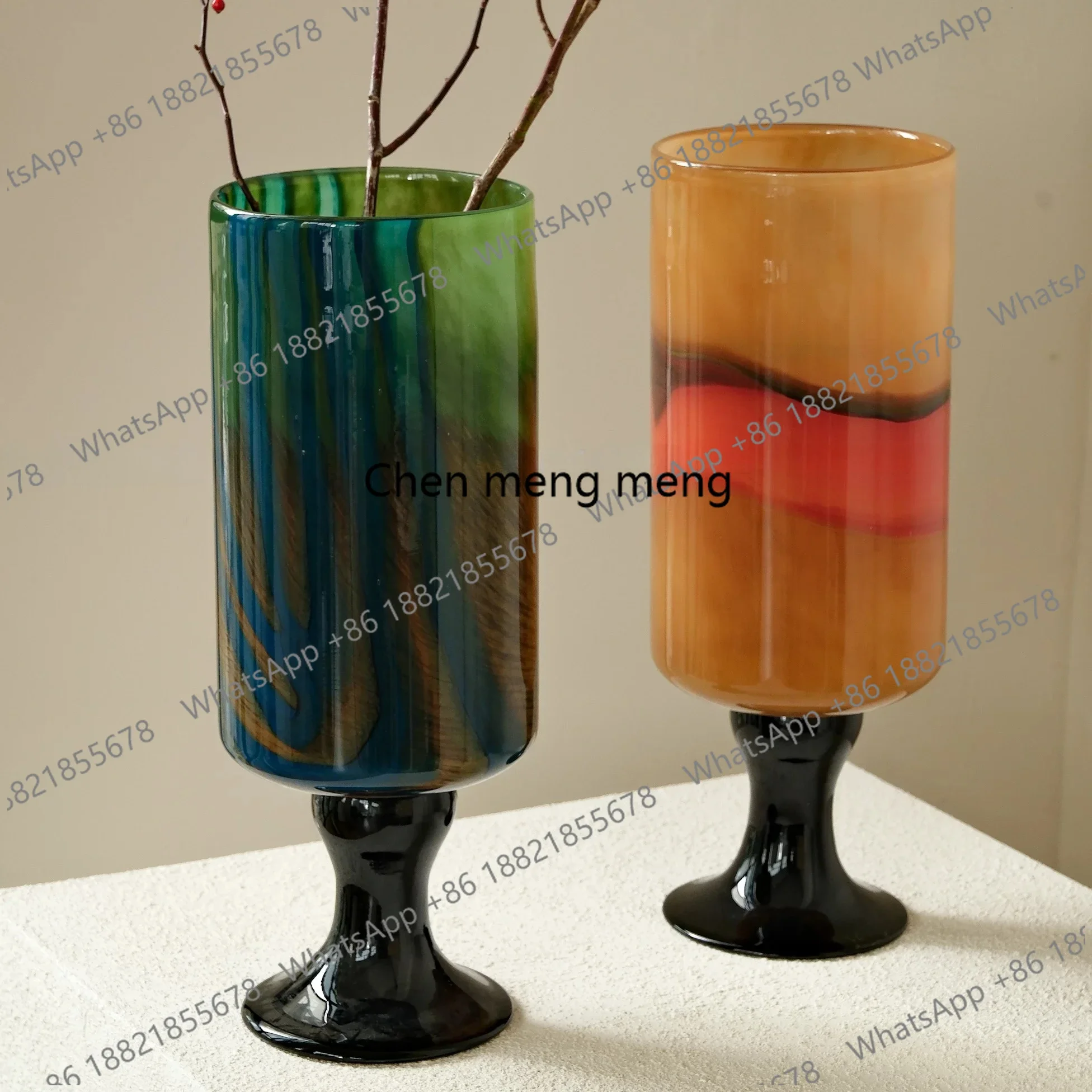 A74New Chinese style, brown high-end sense, glazed glass vase ornament, soft flower arrangement, housewarming gift.