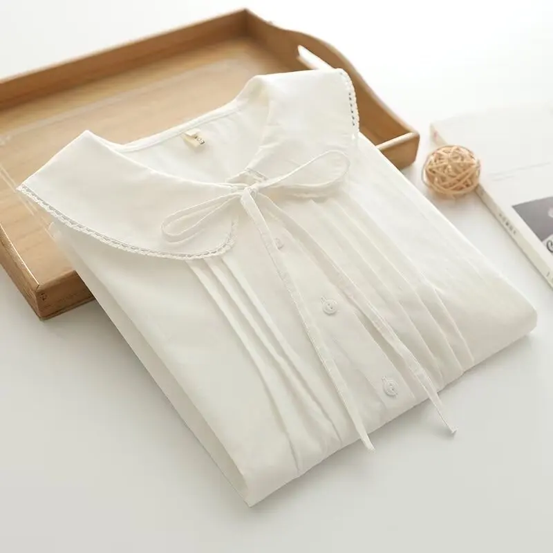 Japanese Sweet Mori Girl Solid Color Lace Up White Cotton Shirts Women Summer Cute Peter Pan Collar Short Sleeve Casual Blouse