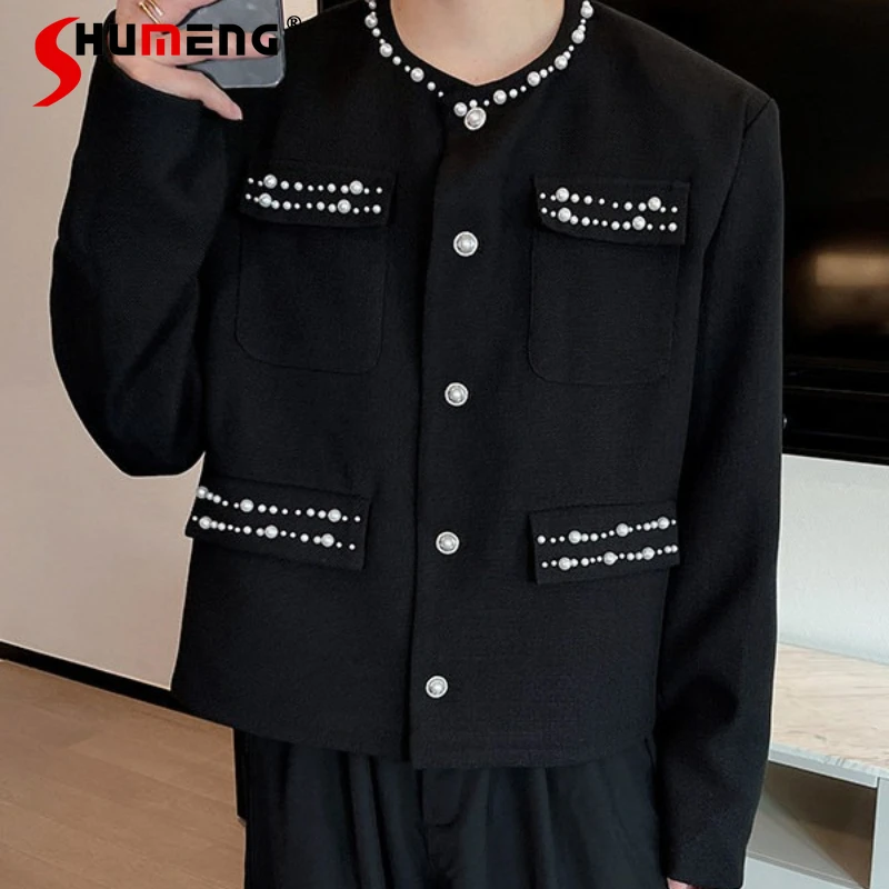 

Trendy Chic Padded Shoulder Blazers Men 2025 Autumn New Beaded Stylish High-End Long Sleeve Suit Jackets Handsome Tailored Coats