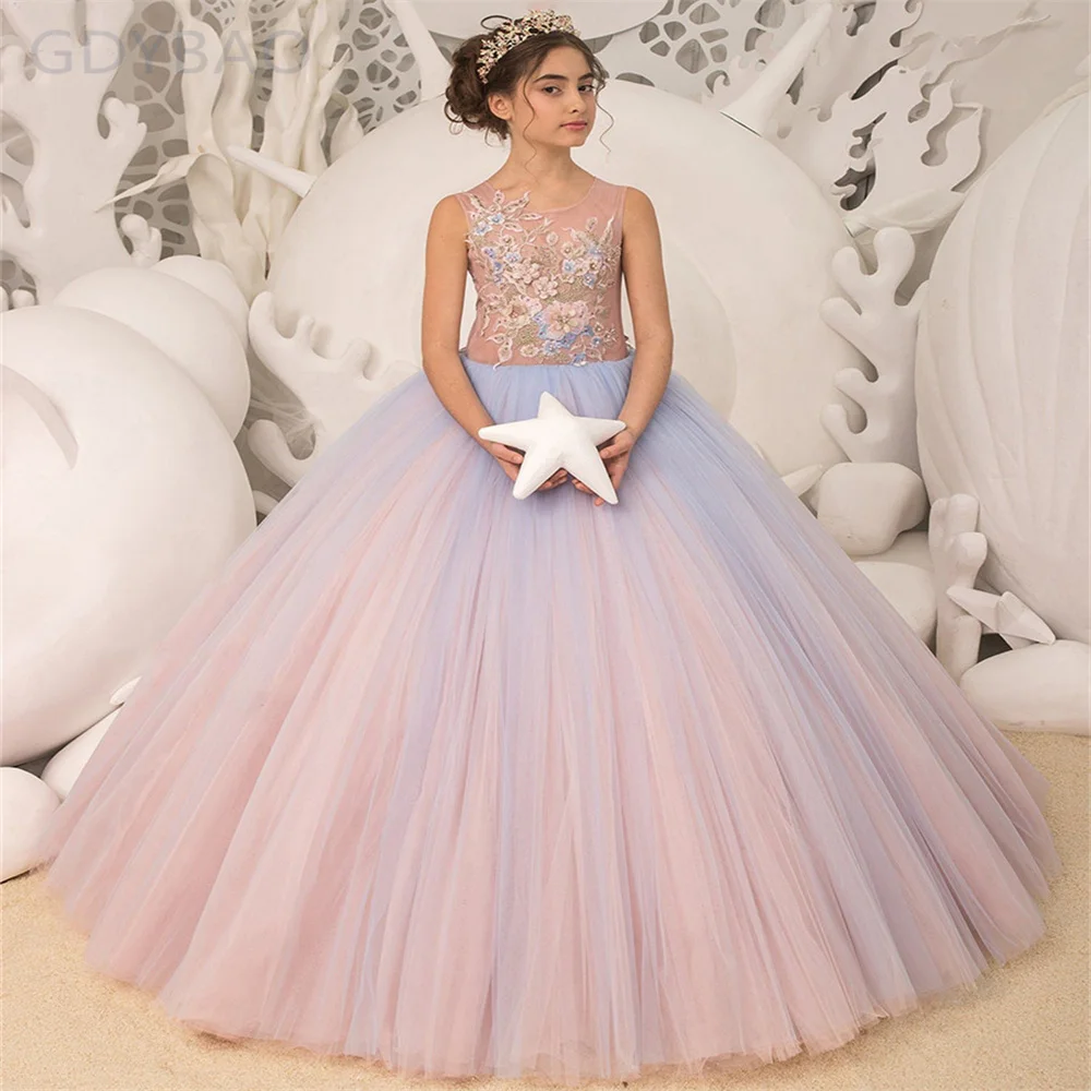 

Flower Girl Dress Tulle Lace Appliques Sleeveless Wedding Birthday Ball Gown Floor Length Elegant Party Evening Dress