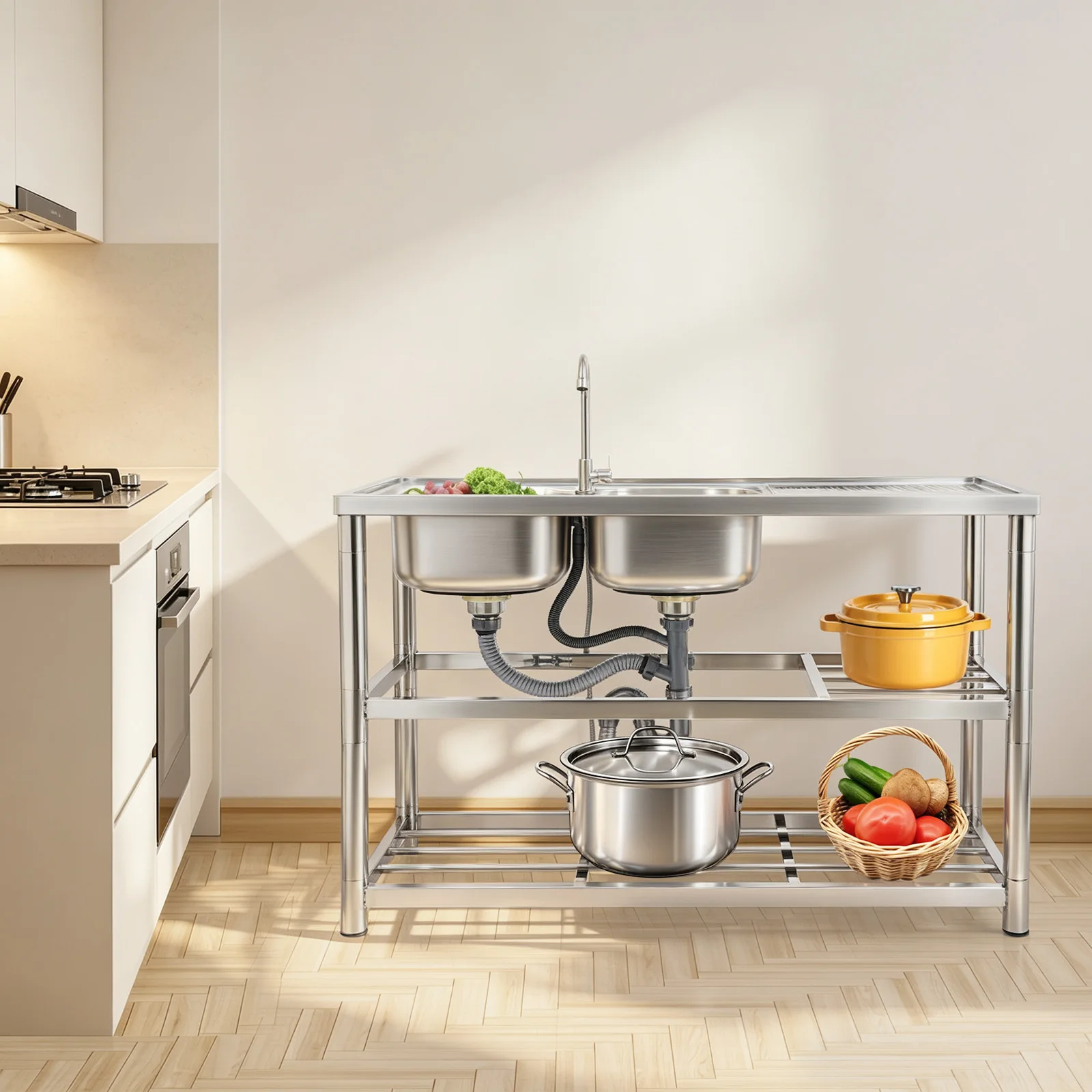 Commercial Free Standing Double Bowl Stainless Steel Sink Set with Faucet Drainboard 3-Tier Shelves for Restaurant Kitchen