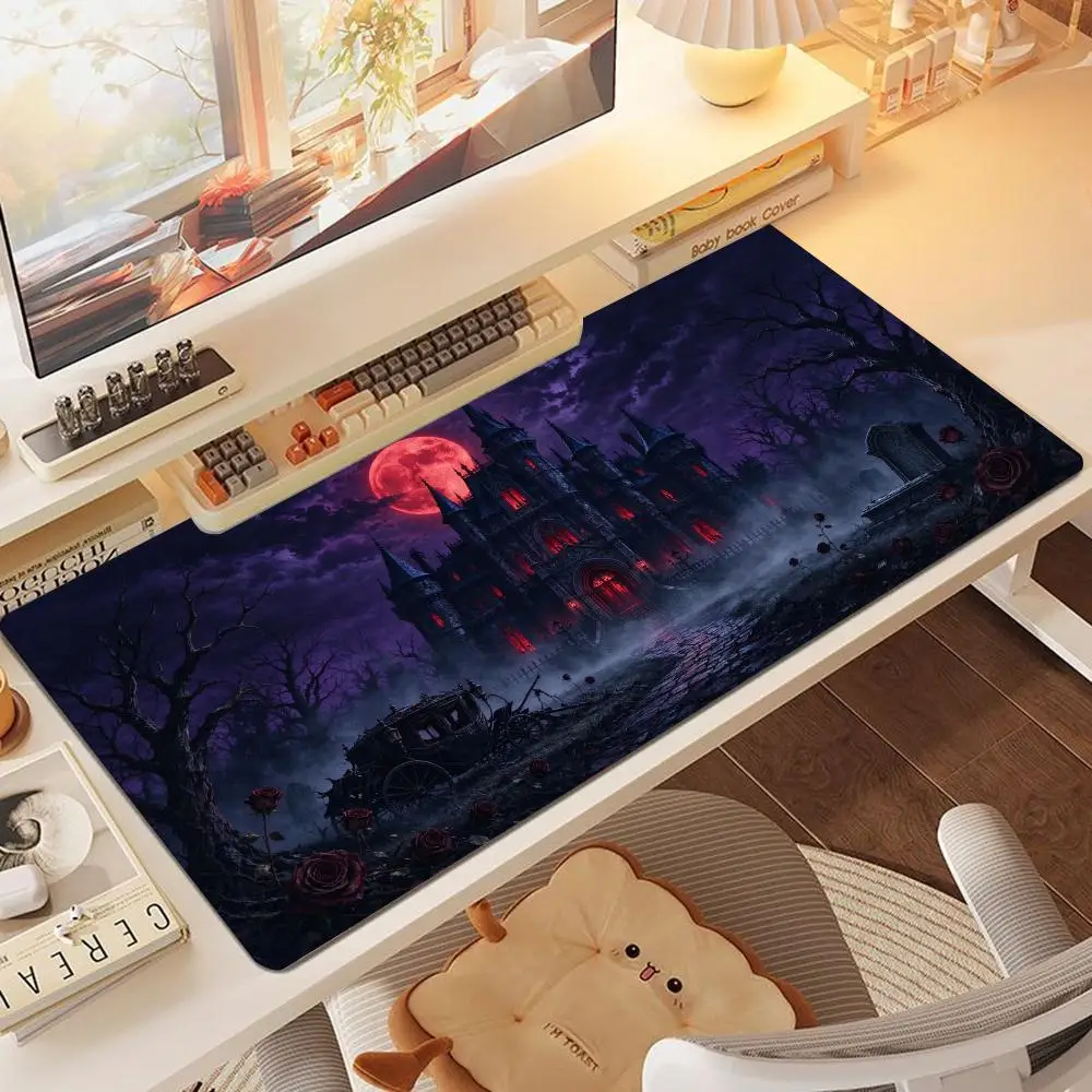 Crimson Moon Abandoned Haunted Castle Table Mat Large Size Non Slip Rubber Base Precision Tracking For Horror Gaming Decor
