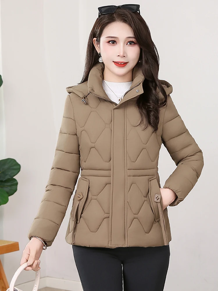

Winter New Faion ort Thiened Cotton Jaet Women's Warmth Diamond Stitched Coat Sli Outerwear Korean Sle Coat