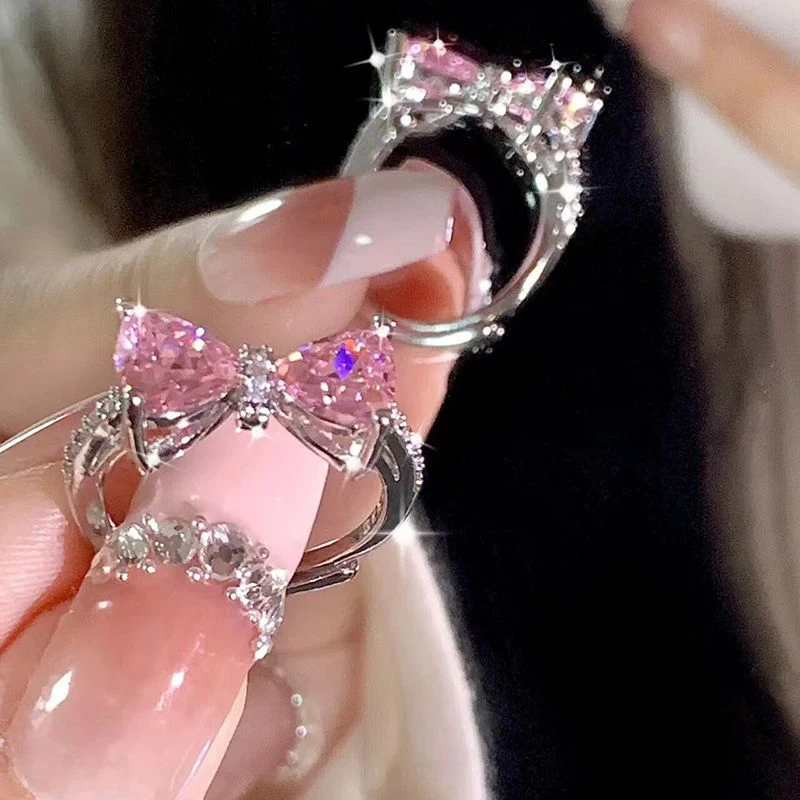 Lovely Princess Pink Ring Adjustable Bowknot Ring Sweet Ins Style Diamond Ring Jewelry For Women Birthday Party Gift Accessories