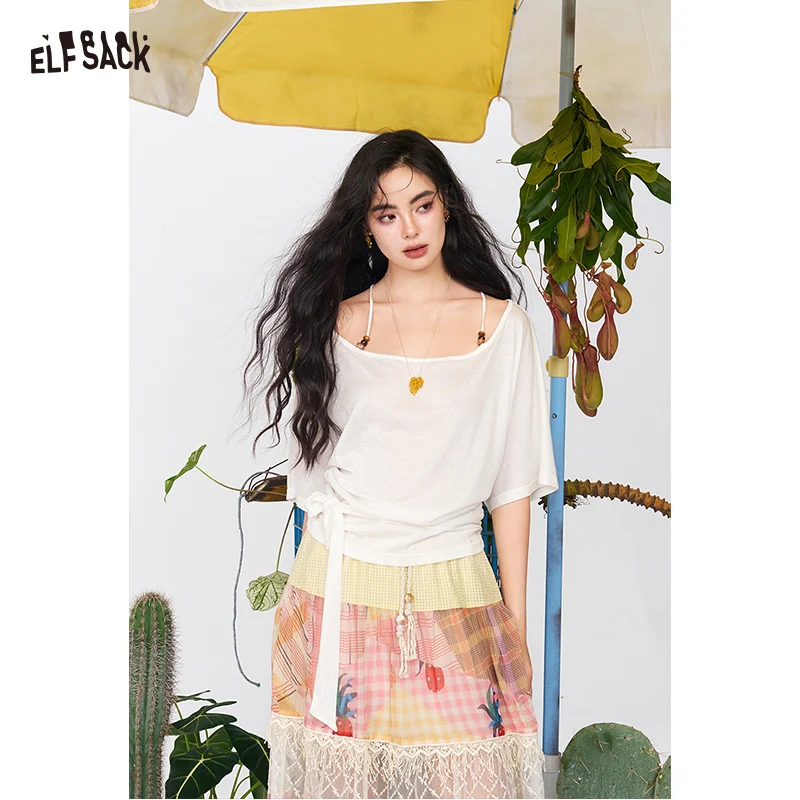 ELFSACK Women's Cropped Short Sleeve Top with Back Halter Strap, Side Ruched Tie Detail Crew Neck Blouse for Summer