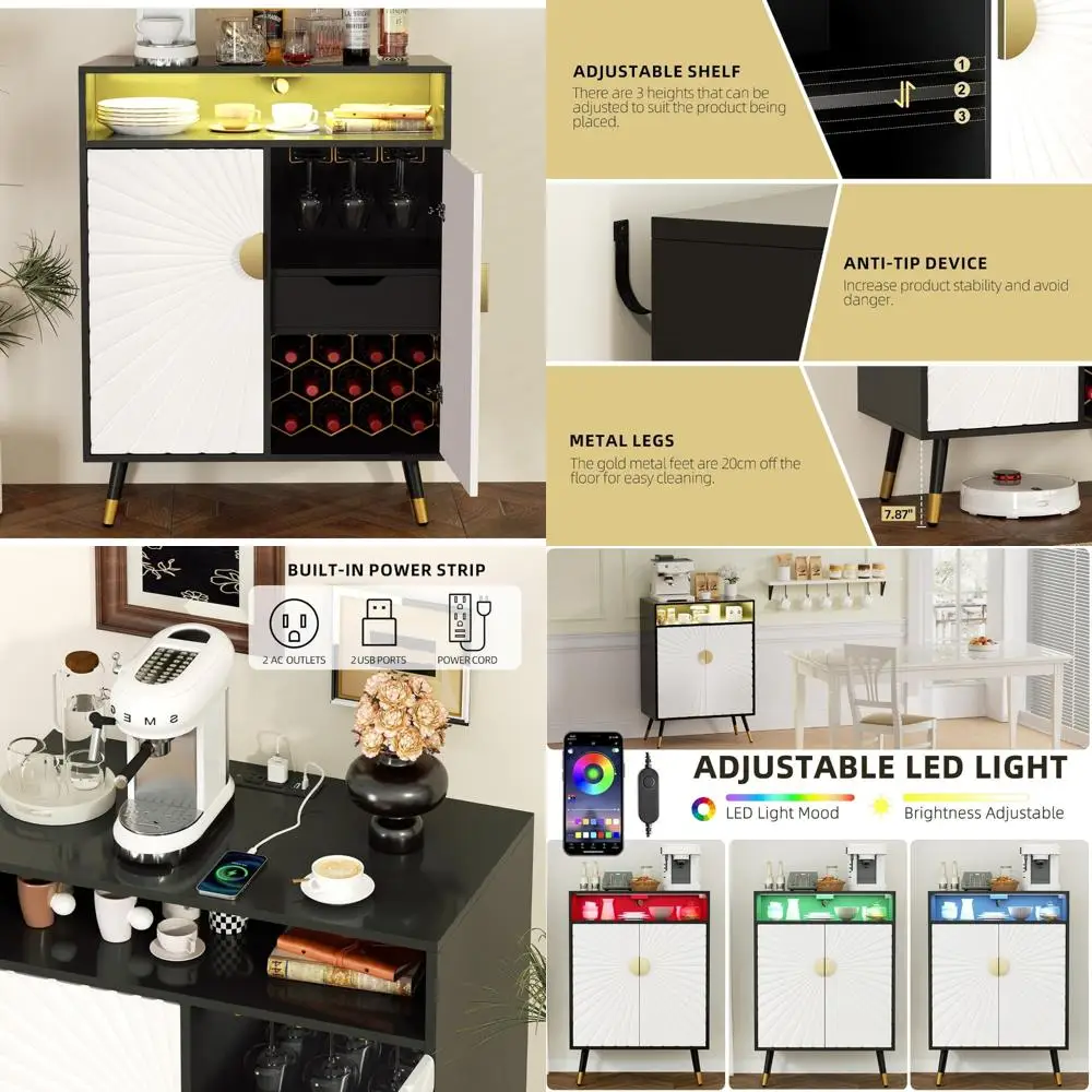 خزانة بار النبيذ المضيئة مع مخرج طاقة، وخزانة بار القهوة مع مساحة تخزين النبيذ وحامل زجاجي، Stora الخمور المعاصر