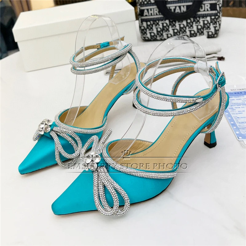 Luxury Satin Pointed Toe Sandals For Girls Women Sexy Kitten Heel Jeweled Crystal Butterfly-Knot Ankle Wrap Party Shoes Summer