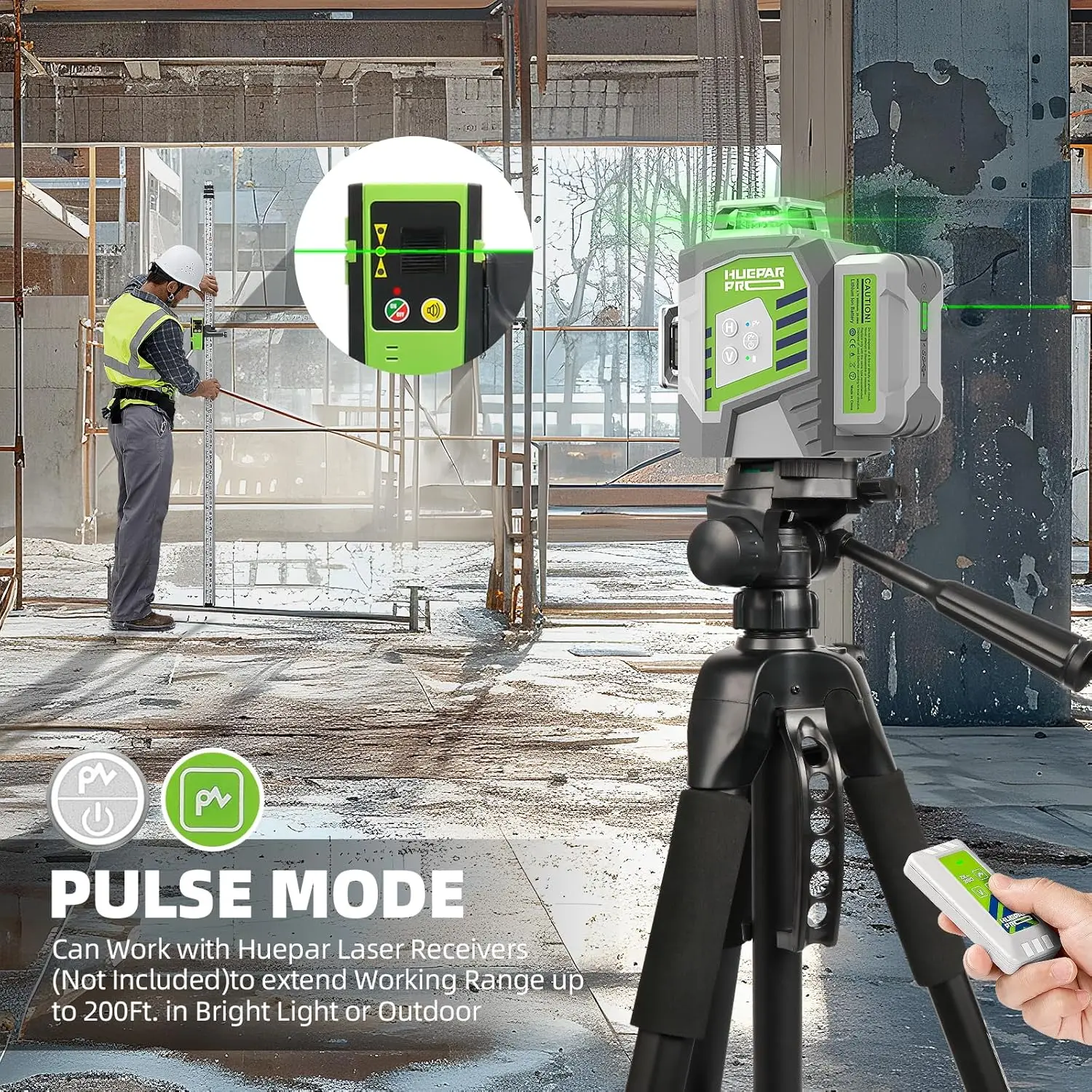 Huepar High Accuracy 3D Laser Level Professional 12 Lines Self Leveling Green Beam Cross Line Laser Tool &8000mAh Li-ion Battery