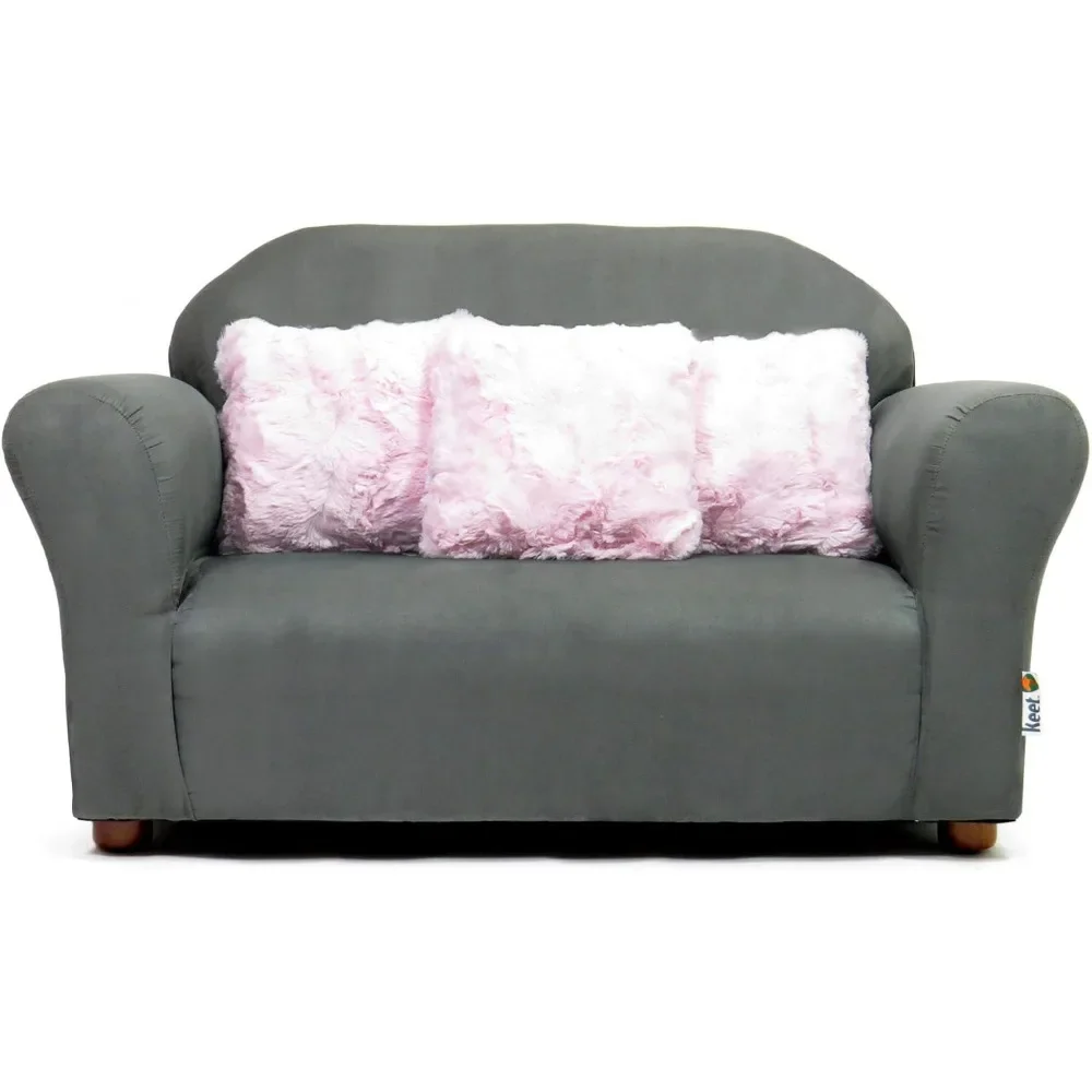 Children's Sofas, Plush Childrens Sofa with Accent Pillows, Charcoal/Pink, Strong Wood Frame Covered with High Density Foam