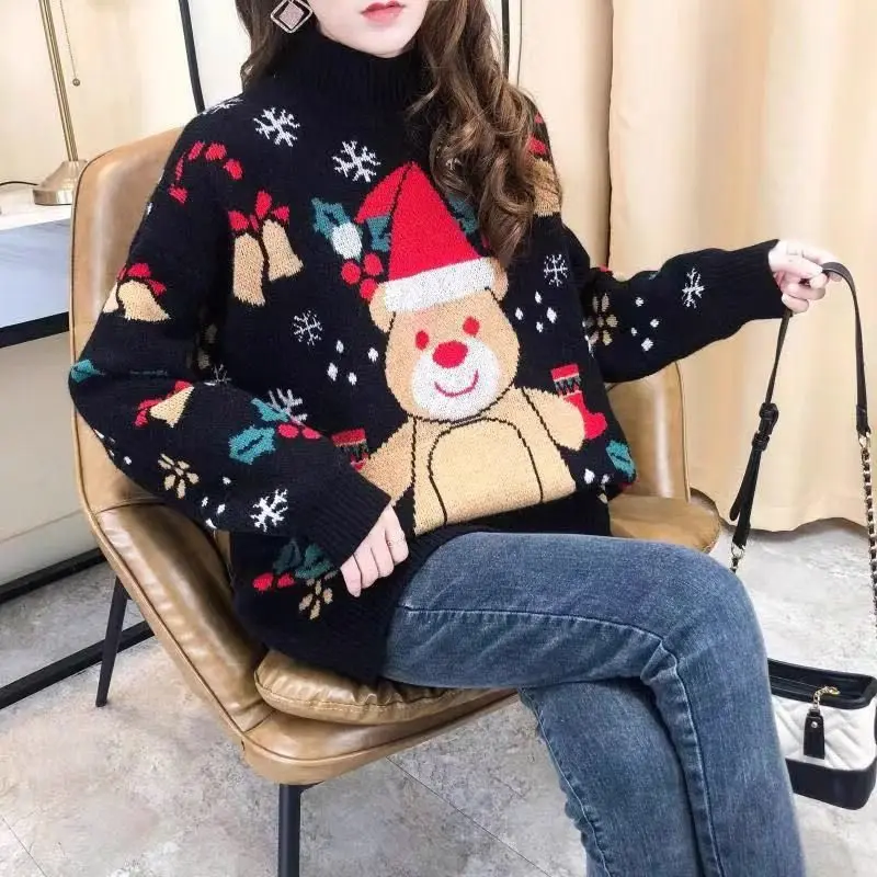 Christmas Red Cartoon Pattern Sweater Female Spring Autumn Turtleneck Knitting Bottoming Shirt Loose All-match O-neck Top Tee