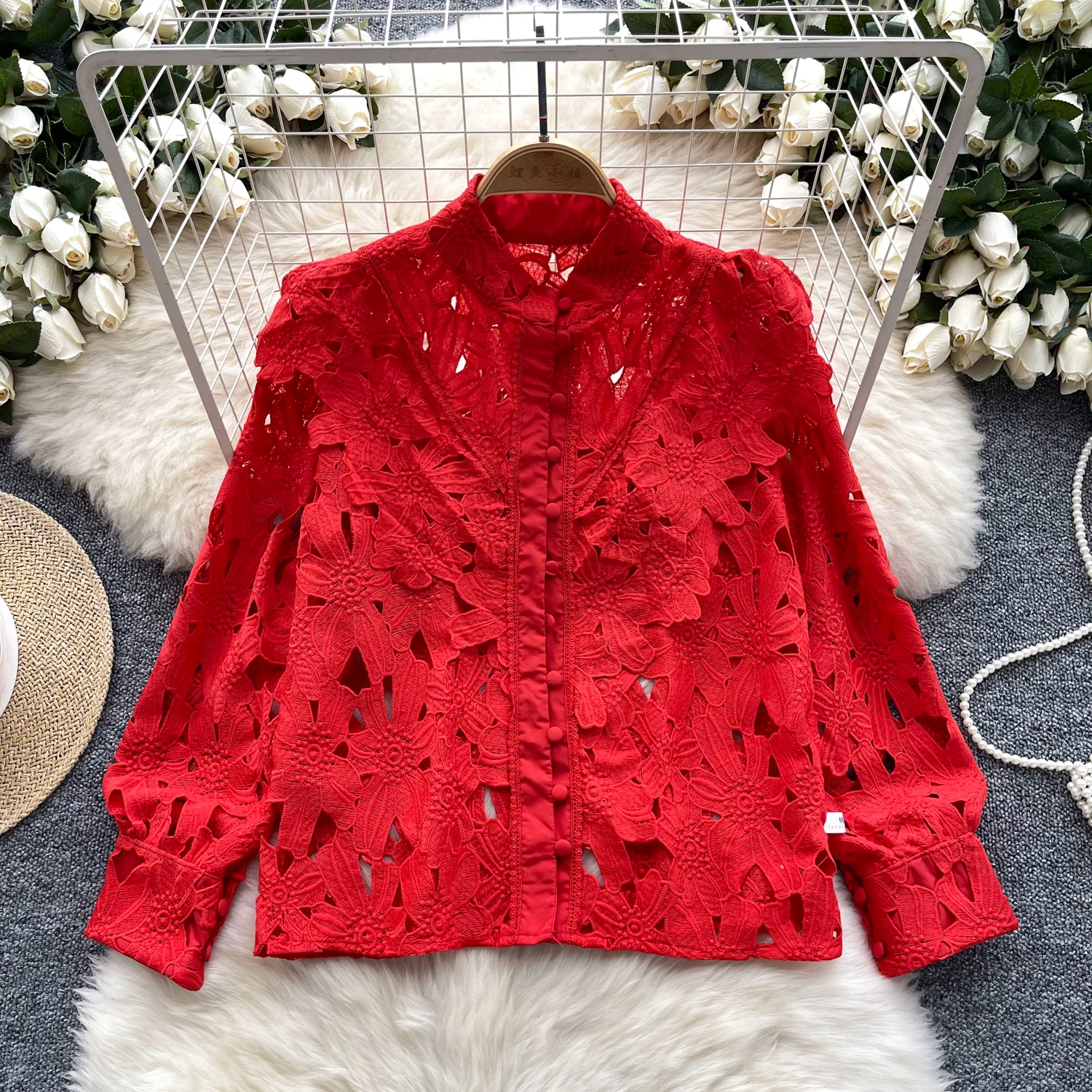 Retro loose sweet cut out lace lantern sleeve embroidery rhinestone  basics Blouse Slim Shirt Women summer Top