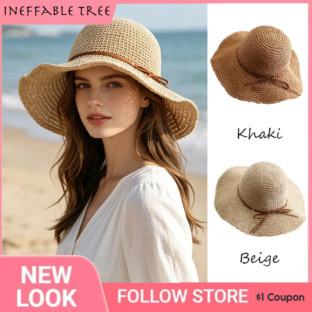Summer Fresh Hollow Woven Straw Foldable Wide Brim Bucket Hat UV Protection Sun Cap For Women Beach Holiday Daily Outfits