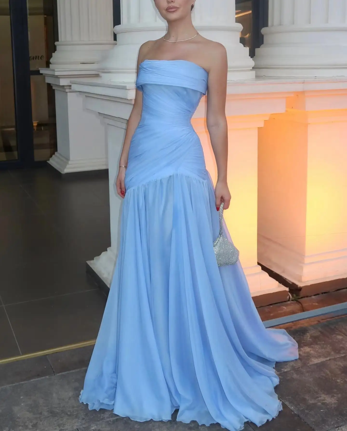 

Blue Strapless Prom Dress Sleeveless A-Line Floor-Length Pleated Saudi Arabia Dubai Wedding Party Dress Evening Dress Customized