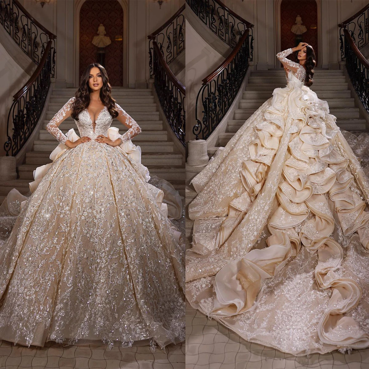 

Cascading Ruffles Ball Gown Wedding Dress Illusion Sheer Neck Lace Appliques Long Sleeve Saudi Arabic Tiered Skirts Bridal Gowns