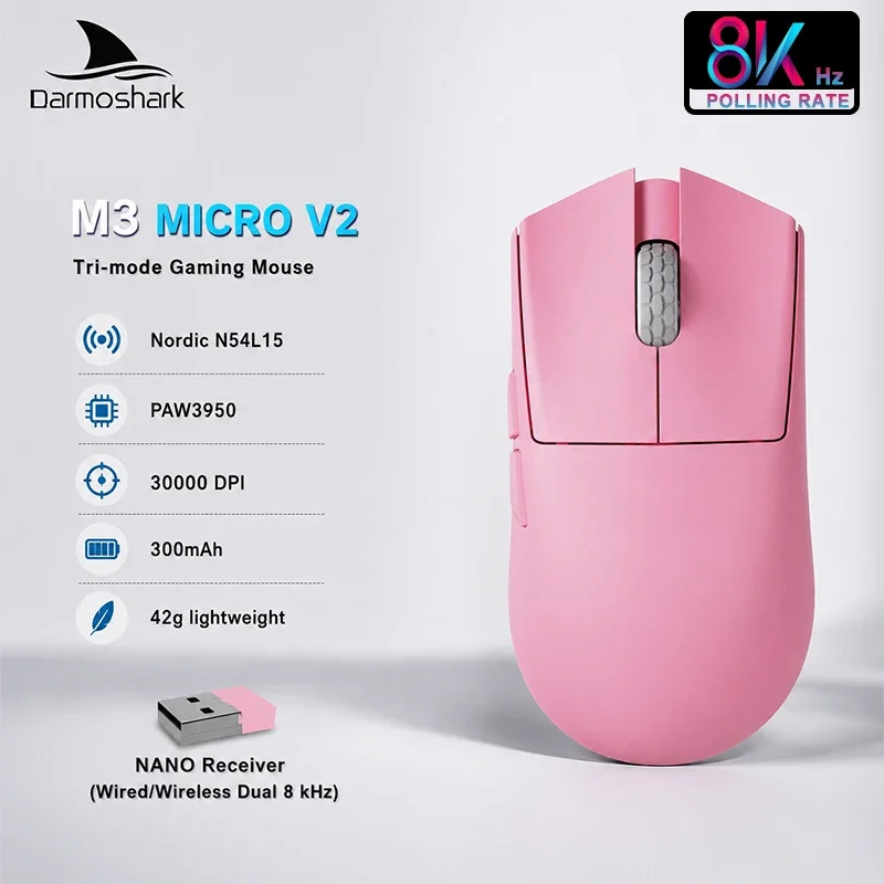 Darmoshark M3MICROV2 Tri-Mode Gaming Mouse,PAW3950 Sensor, 30KDPI,42g Ultra-Light,300mAh,Wired/Wireless Dual 8kHz for PC Gamers