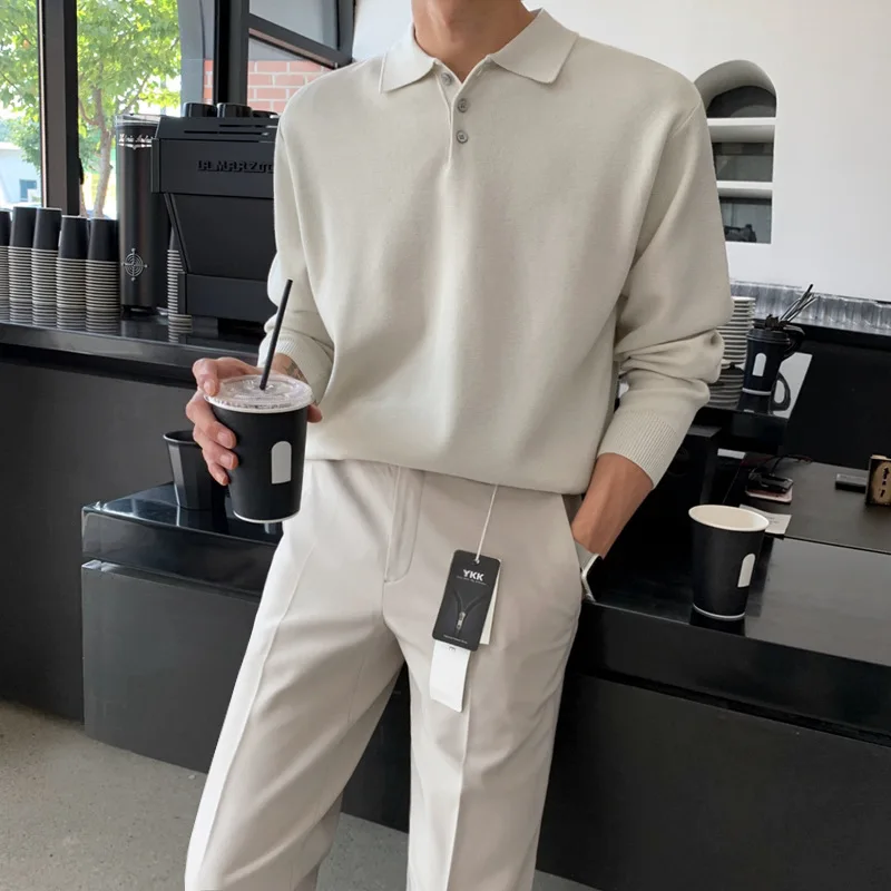 Herfst Koreaanse stijl heren effen kleur turn-down kraag lange mouw knop casual trendy eenvoudige basic truien mannelijke kleding tops