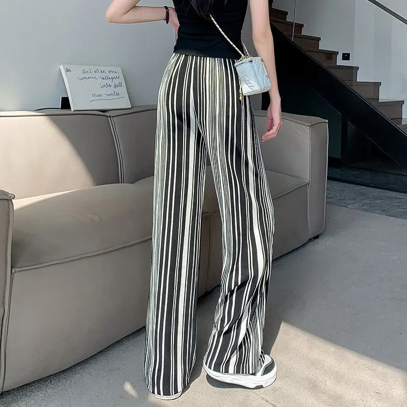 2023 Spring and Summer Fashion Simple Stripe High Waist Slim Ice Silk Drop Feel Casual Loose Women's Straight Tube Floor Towers