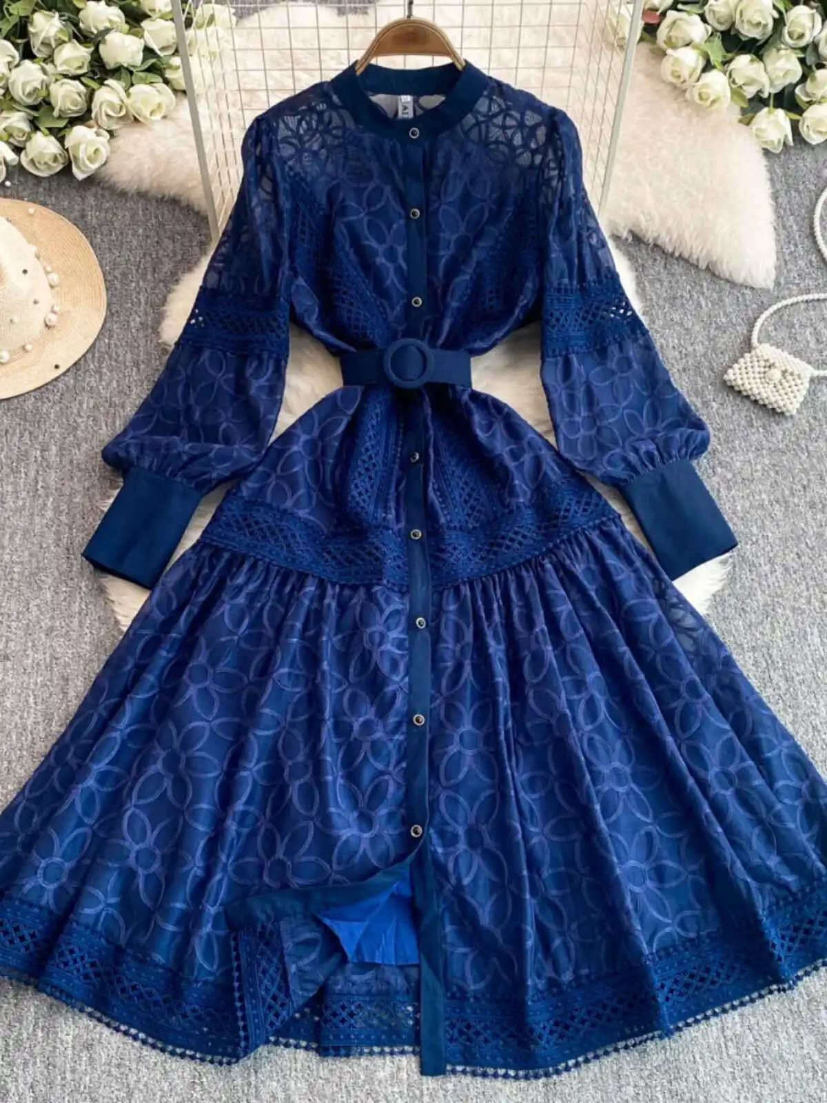 Luxury White Midi Dresses Women Summer Palace Style Single Breasted Pearls Embroidery Lace Evening Party Wedding Long Dress