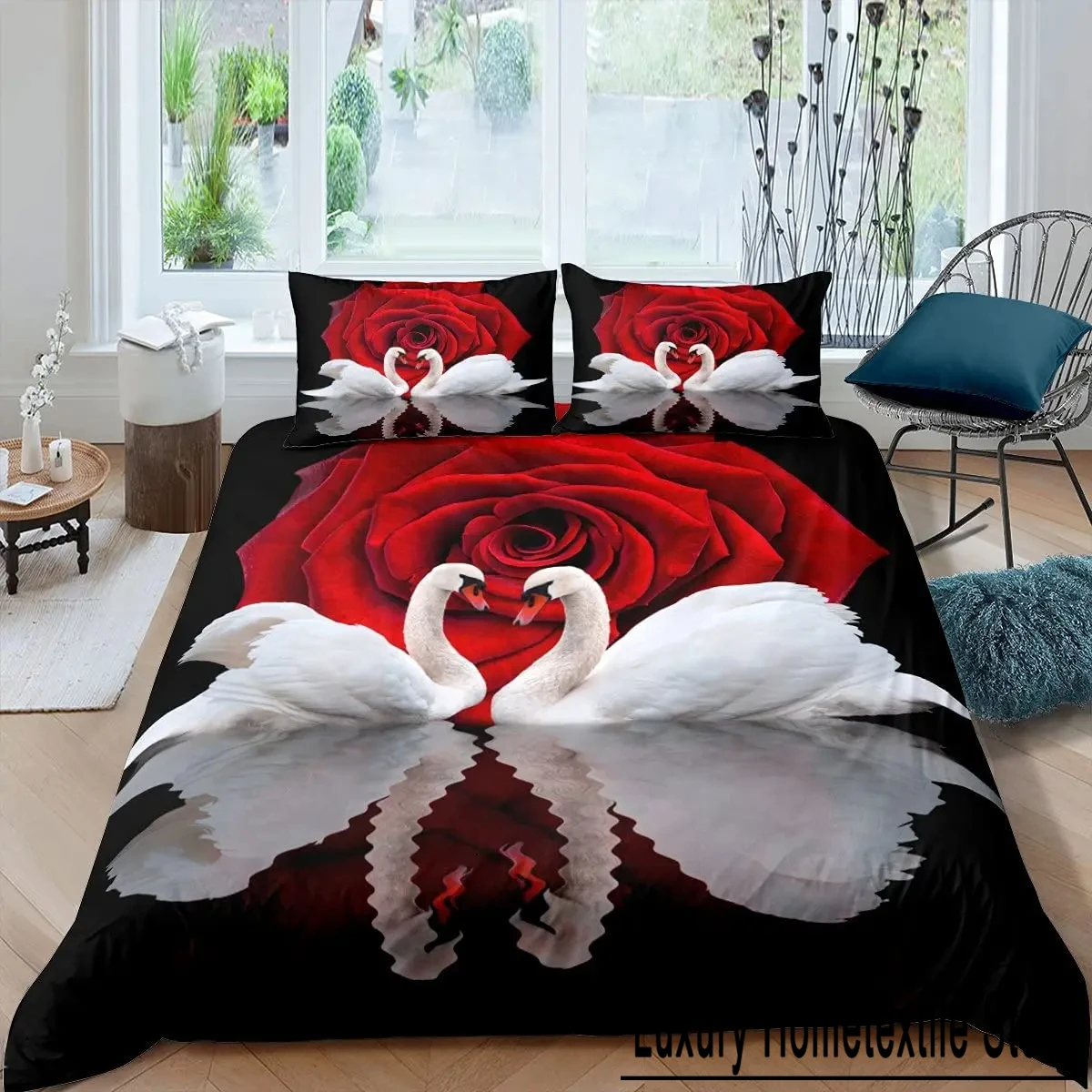 Swan Duvet Cover Black and White Swan Duvet Bedding Set Queen Bird Comforter Cover Microfiber Romantic Flower Wild Animals