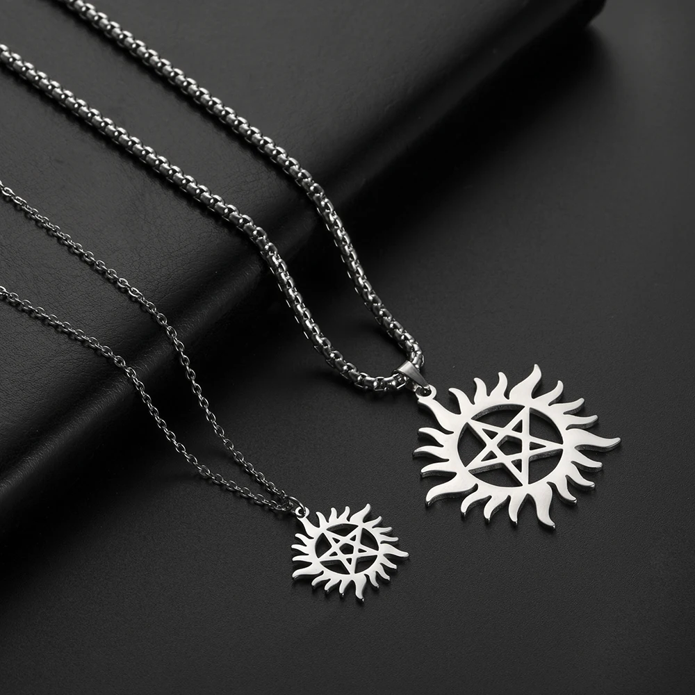 Skyrim Stainless Steel Shining Sun Pentagram Pendant Necklace Supernatural Dean Statement Box Chain Necklaces Couple Women Men