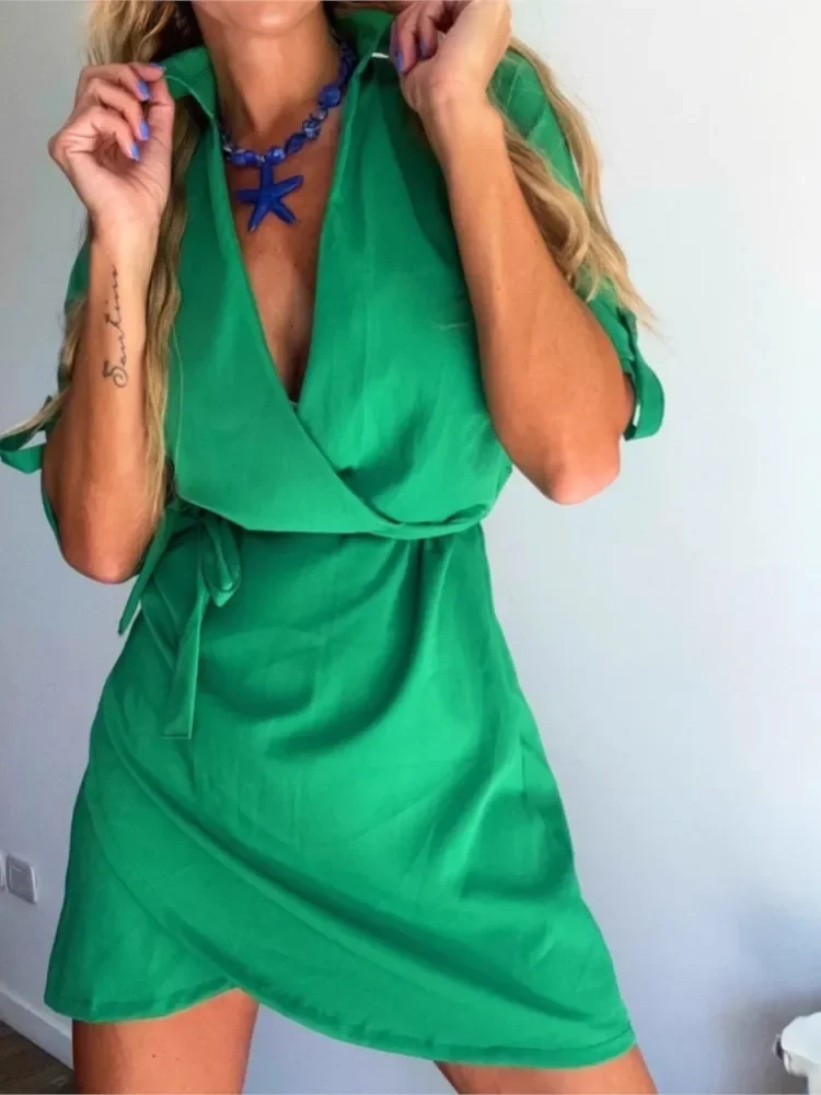 Vestido camisero elegante con cuello en V para ir al trabajo, vestido camisero liso con cordones, vestido de fiesta ajustado informal de media manga, Vestidos huecos para mujer