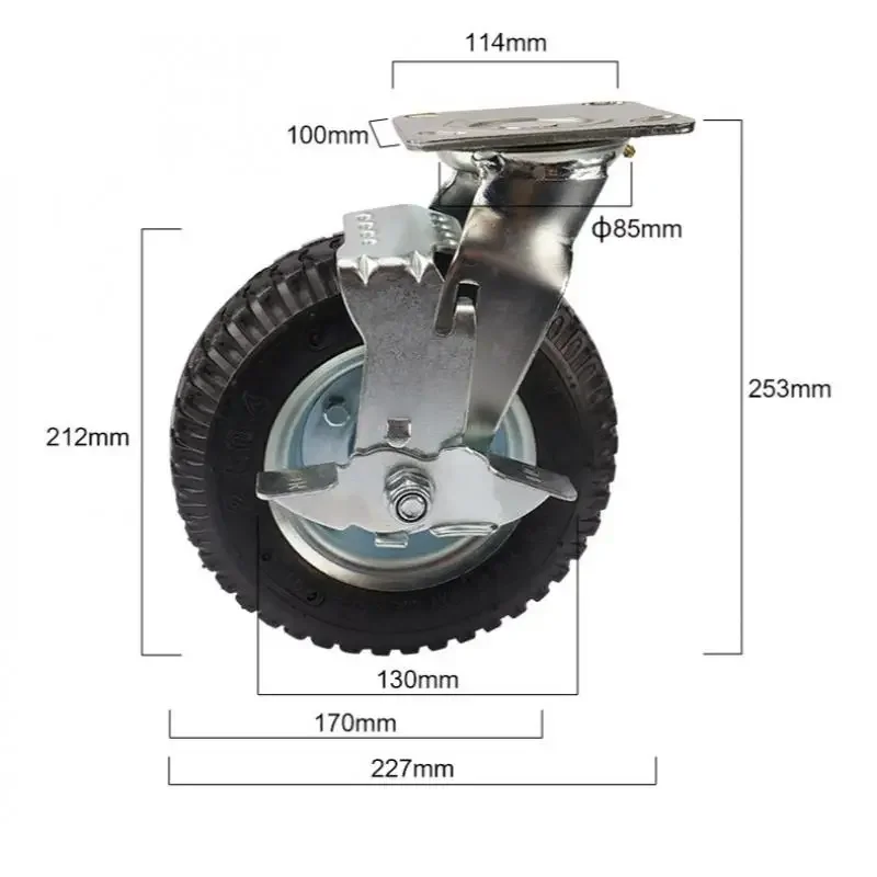 1 Pc Heavy Duty 8 Inch Inflatable Rubber Caster with Brake, Universal Swivel Wheel for Luggage Trolley Hotel Service Garage Cart