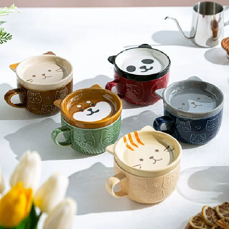 

250ML Japanese Shiba Inu Ceramic Coffee Cup Saucer Cartoon Animal Breakfast Milk Cup Embossed Coffee Cup Afternoon Tea Supplies