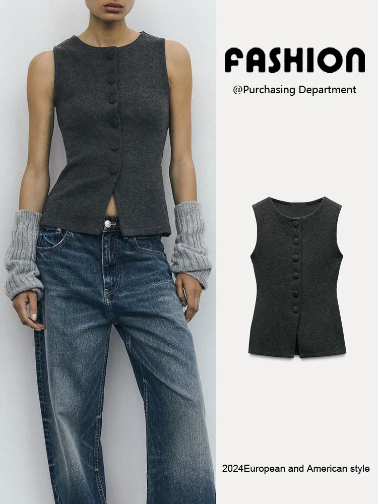 Spring 2025 New Women's Soft ell Button-Up Vest Sle Svel round Ne Top Commute Sle Single Piece Regular Length