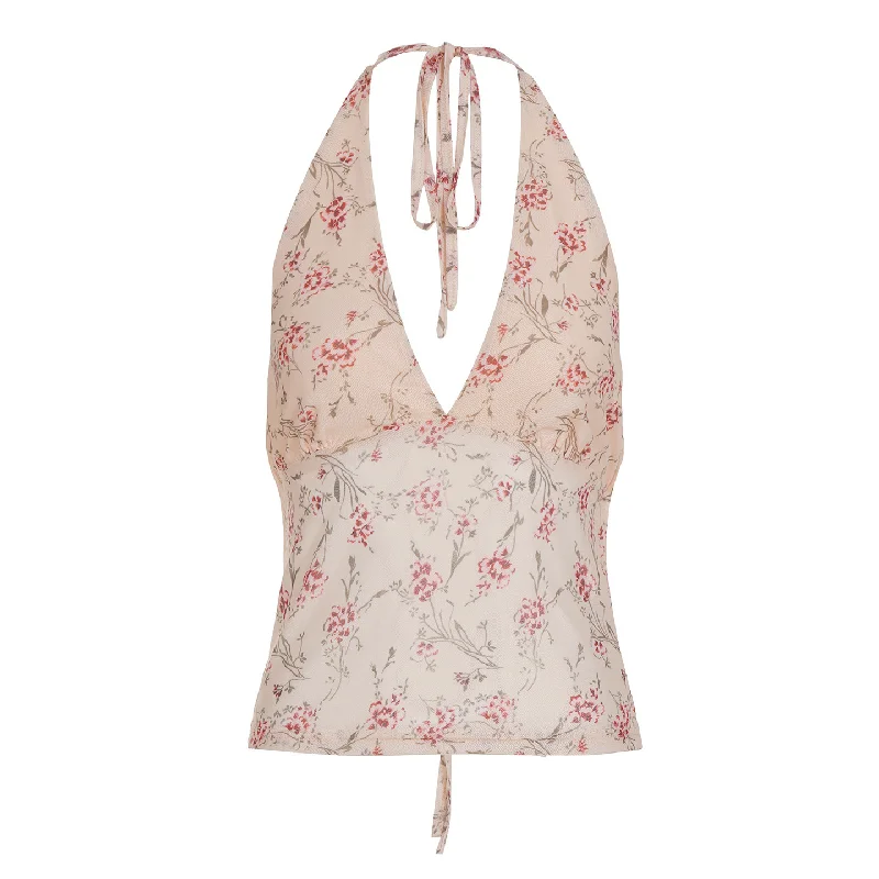 

French Floral Mesh Hanging Neck Collar Vest Fashion Women's Perspective Sexy Backless Top