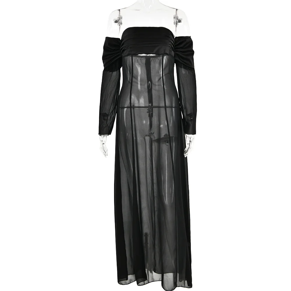 Nuovo abito lungo trasparente con maniche lunghe sexy alla moda senza spalline per le donne autunno