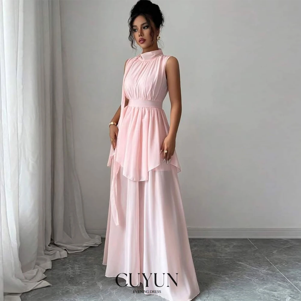 

CUYUN Summer Chiffon Women's Evening Dresses High Collar Draped Prom Dresses Customized Elegant Floor-Length Women Party Gown