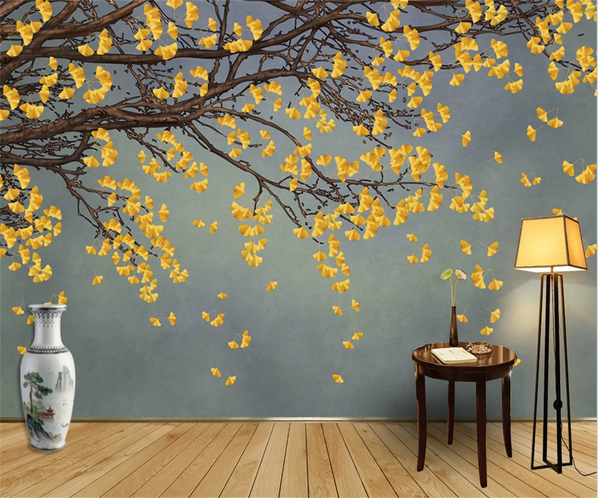 Custom mural new Chinese abstract lines gingko leaf gold relief lines bedroom background wall decoration wallpaper