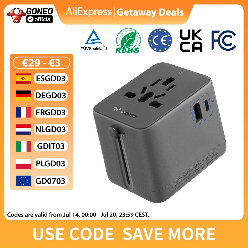 Goneo 15 W/20 W Universal-Reiseadapter mit 2 AC 1 USB-C 1 USB-A-Buchse AC EU US UK AUS-Standard