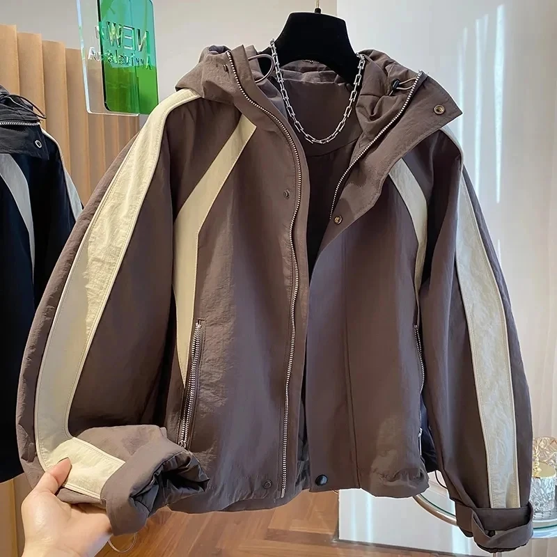

Новая укороченная женская куртка, однотонное пальто на молнии с длинными рукавами и капюшоном, 2022, женская осенняя повседневная короткая ветровка, женская
